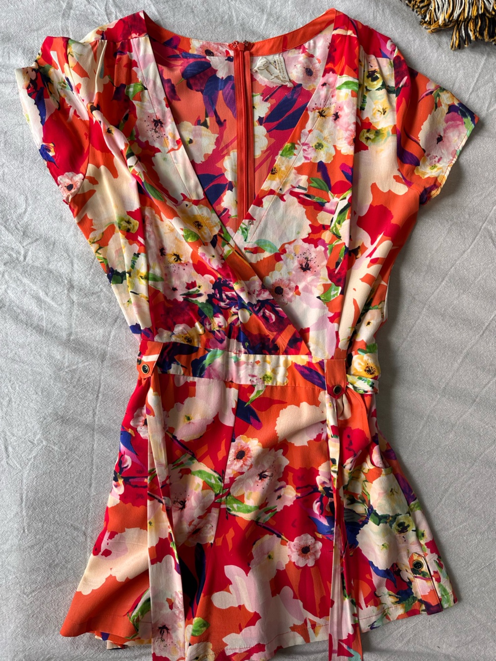 Yumi Kim Red Pink Floral Wrap Mini Romper